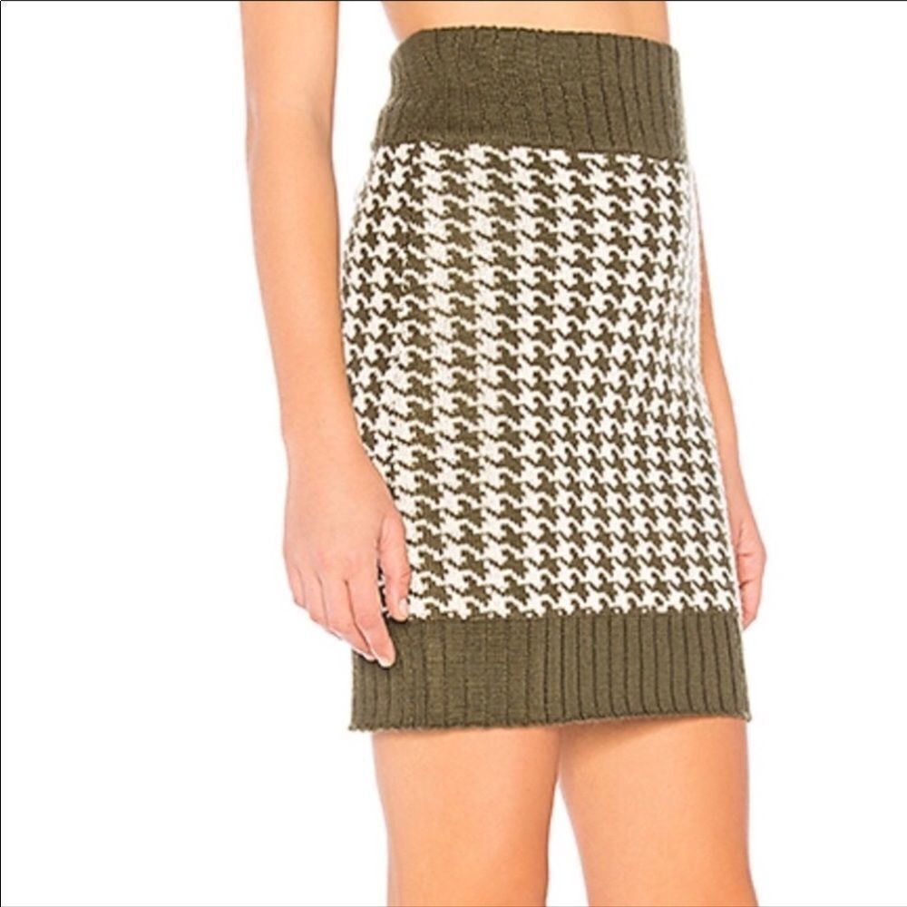 Khaki Green and Ivory Houndstooth Knit Sweater Skirt Tularosa - NEW